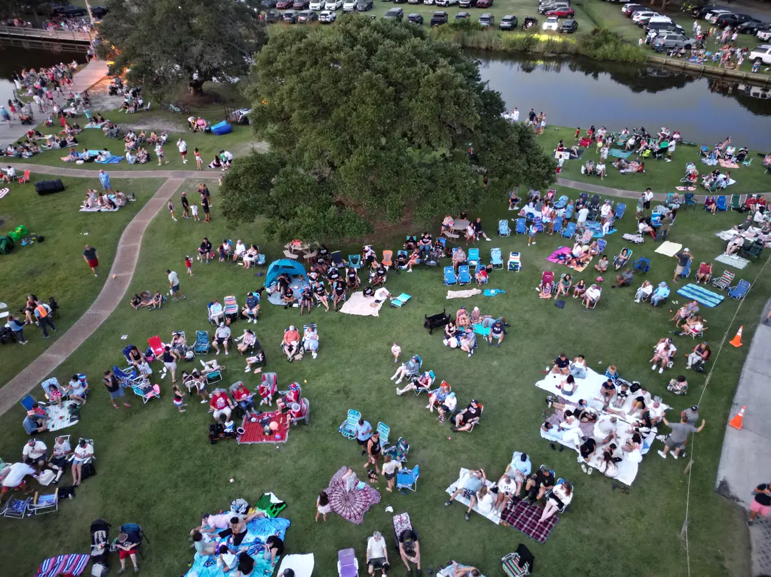 Aerial of a waterfront event gathering