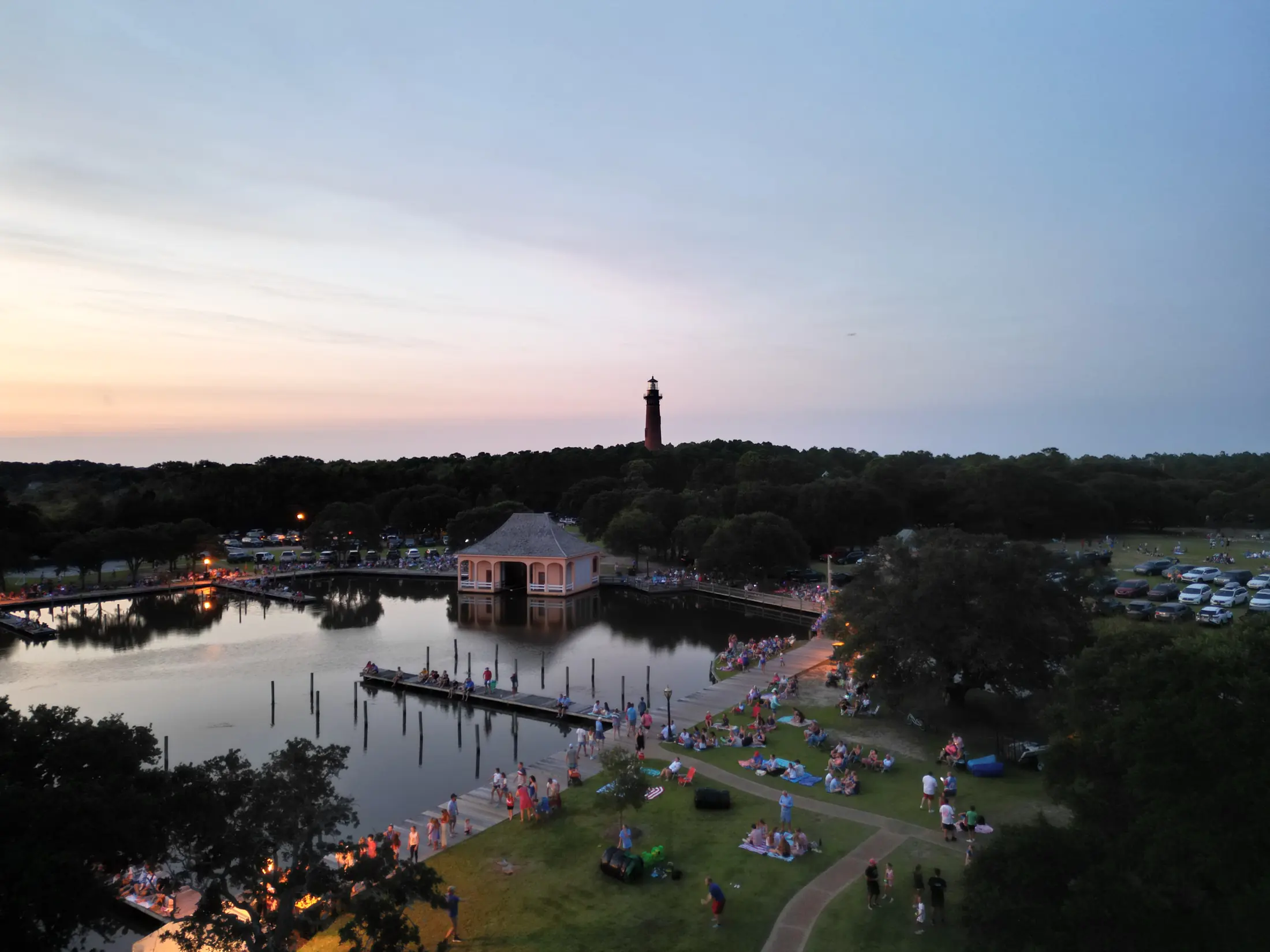 Currituck Beach Lighthouse at dusk, aerial view