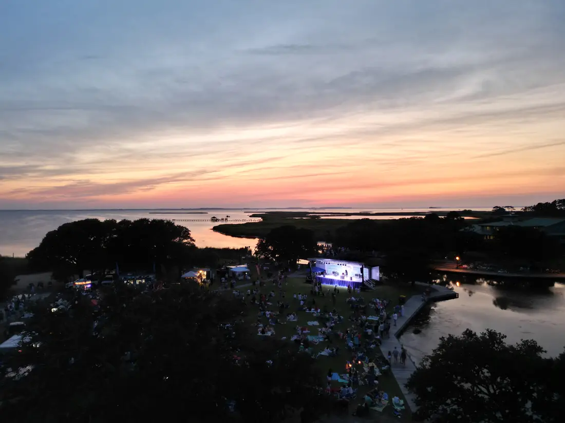 Currituck Beach Lighthouse at dusk, aerial view